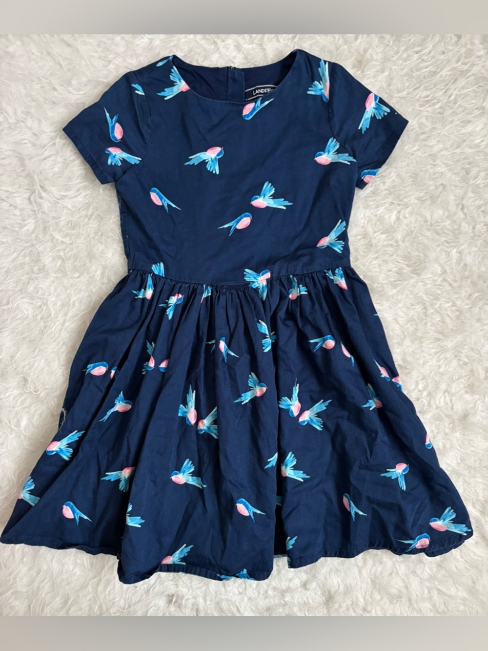 Lands' End Girls Navy Dress with Pink and Aqua Bird AOP